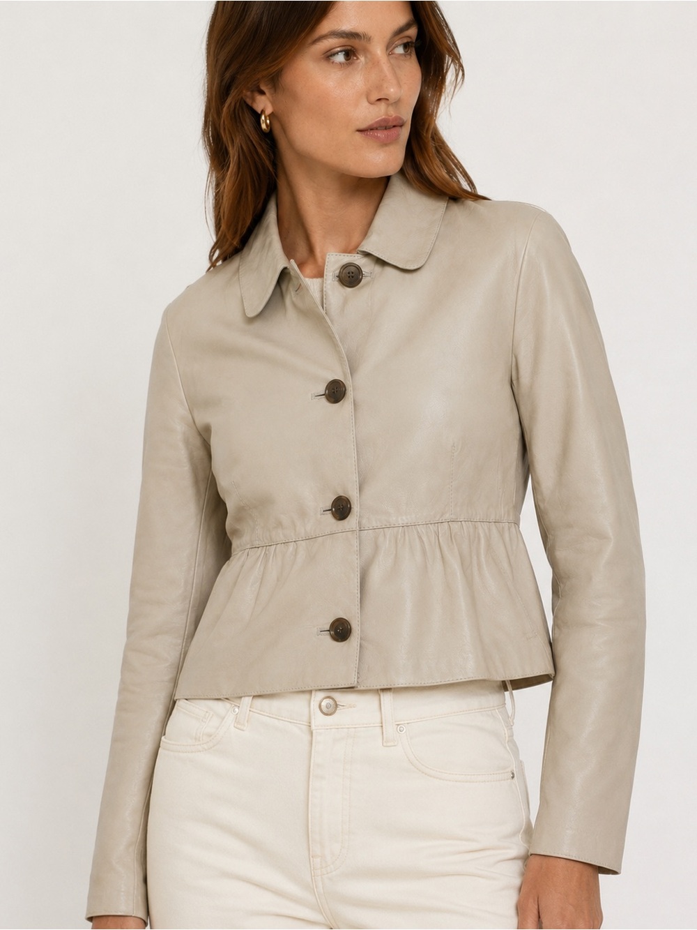 Hugo Boss Beige Calfskin Leather Peplum Jacket | Luxe Neutral Leather Blazer